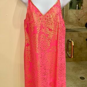 Gorgeous Lilly  Pulitzer Lela Silk Dress Style 27094 Orange Metallic  Resort MED